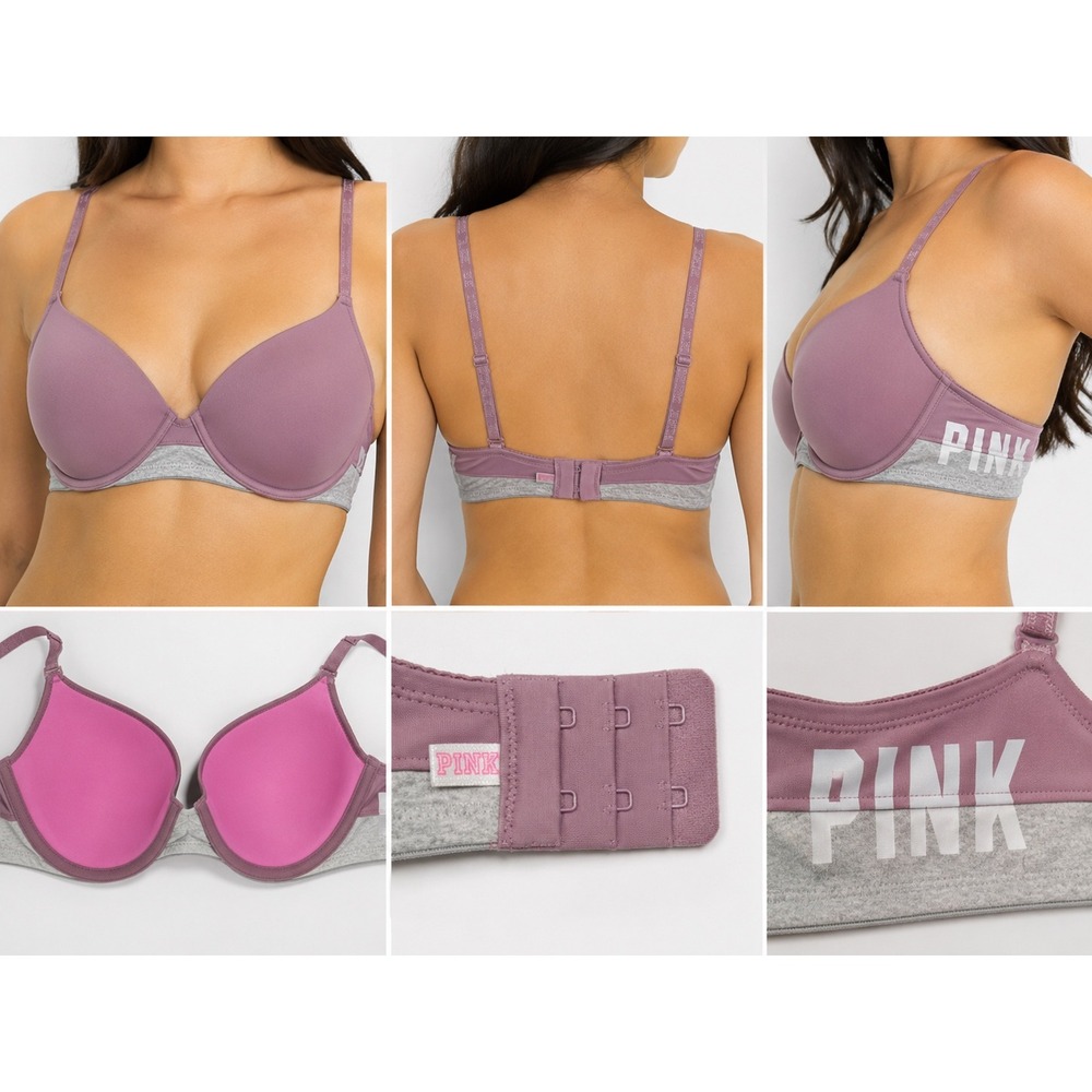 Victoria's Secret PINK Wear Everywhere Bra Womens 36D Mauve Logo Strap T-Shirt